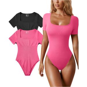 OQQ Women's 2 Piece Bodysuits Sexy Ribbed One Piece Square Neck Short Sleeve Bodysuits (Black Coral) S 