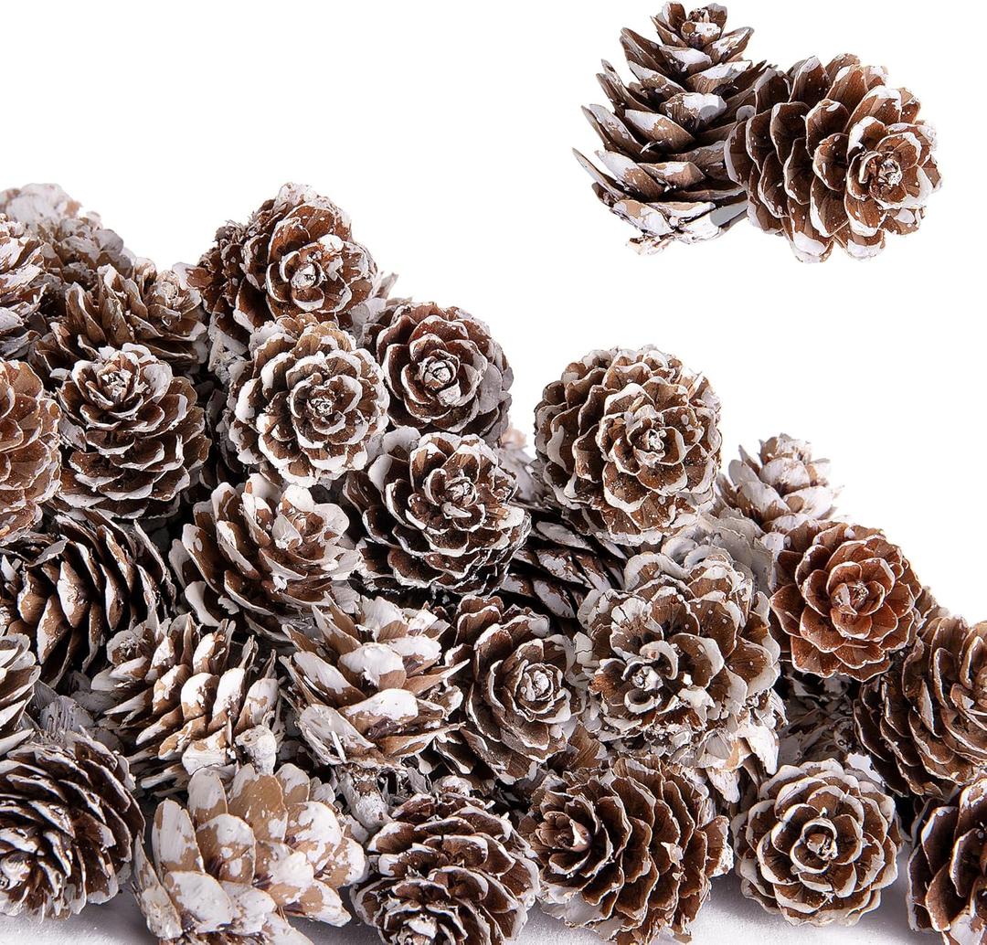 Deloky 150 Pcs Christmas Natural Mini Pine Cones- 1" Small Christmas Snow Pinecones Ornaments- Thanksgiving Mini Snow Pinecones for DIY Crafts Vase Fillers Fall Winter Home Christmas Tree Decor