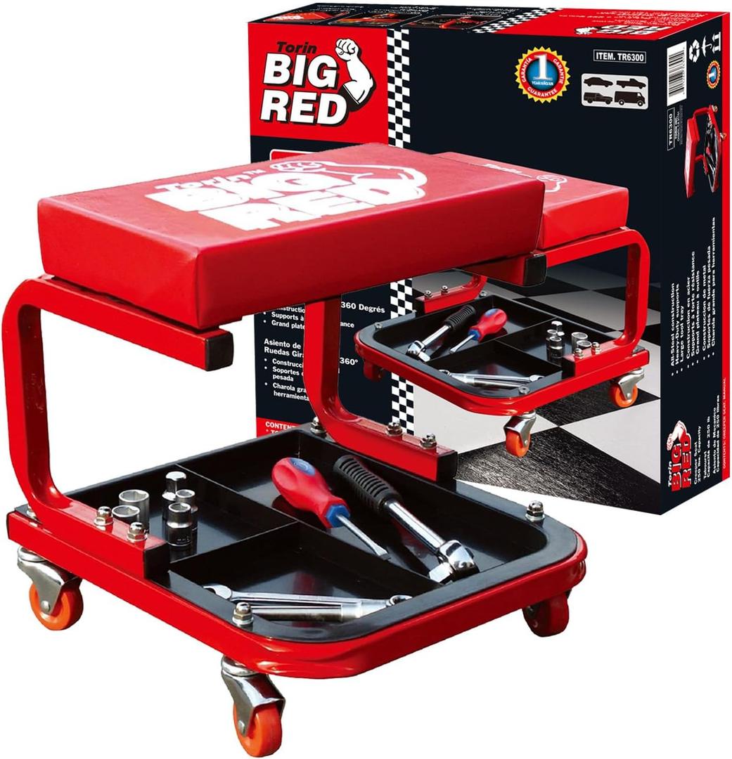 Big RED Torin 260lbs Red Rolling Automotive Creeper Garage/Shop Seat: Padded Mechanic Stool with Tool Large Tray for garages, Repair Shops