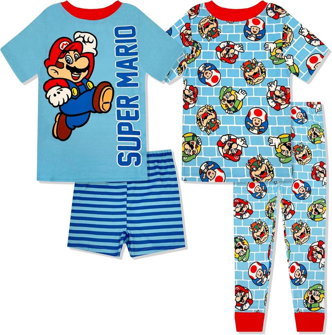 Super Mario 4 Piece Pajama Set - Boys PJs Tight Fit Short Sleeve, Shorts & Pants - Kids Sleepwear Set - Official License (Blue, Size 8Y)