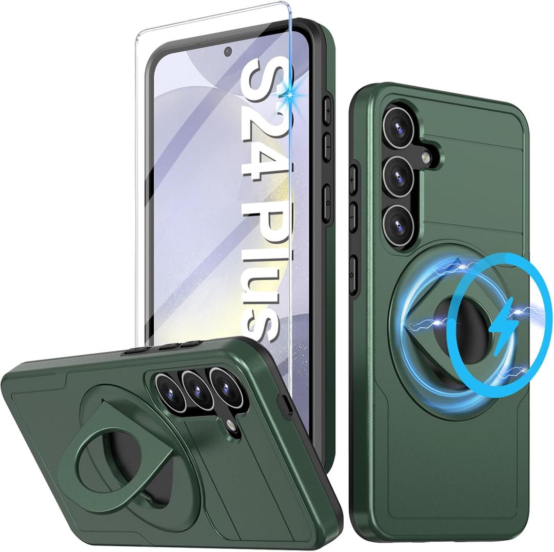 for Samsung Galaxy S24 Plus Mag-Safe Kickstand Case with Screen Protector,Slim Shockproof Military Heavy Duty Anti-Drop Full Body Protection,360 Stand Magnetic Phone Case for S24 Plus (Green)