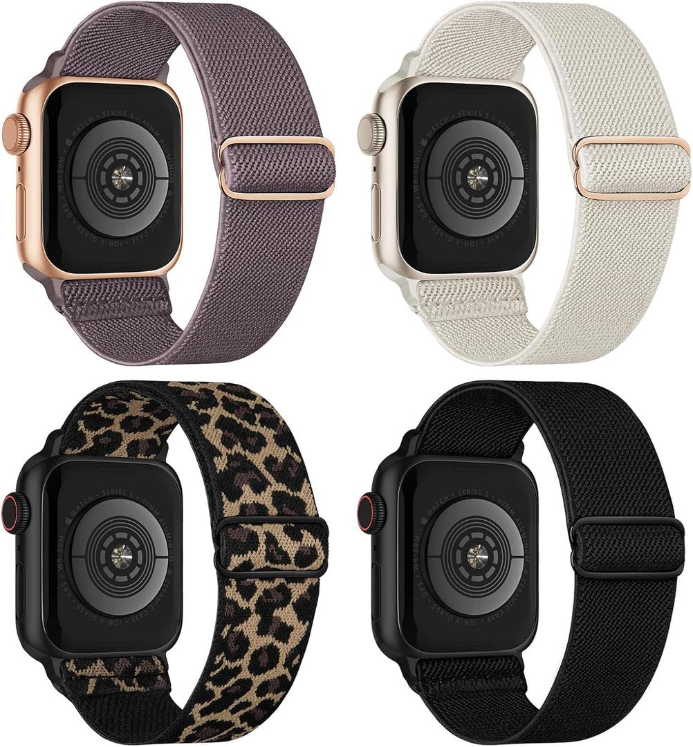4 Pack Stretchy Solo Loop Compatible with Apple Watch Bands  Women Men, Sport Nylon Elastic Straps Wristbands for iWatch 38mm/40mm/41mm/42mm(series 11/10)