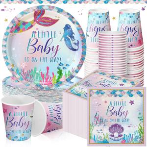 200 Pcs Mermaid Baby Shower Paper Plates Napkins Cups Under the Sea Baby Shower Party Supplies Tableware Set Purple Green Disposable Cup Napkin for 50 Guest Girls Spring Party Decoration (Colorful)