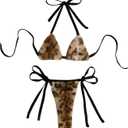 MakeMeChic Women's Bikini Sets Cheetah Print Fuzzy Halter Tie Backless Beach Swimsuit (Medium, Multicolor)
