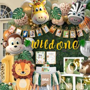 Wild One Birthday Decorations, 1st Birthday Decorations for Boy or Girl, Photo Banner, Balloon Box, Balloons Garland, High Chair Banner, Jungle Theme Safari Party Backdrop for Boys & Girls