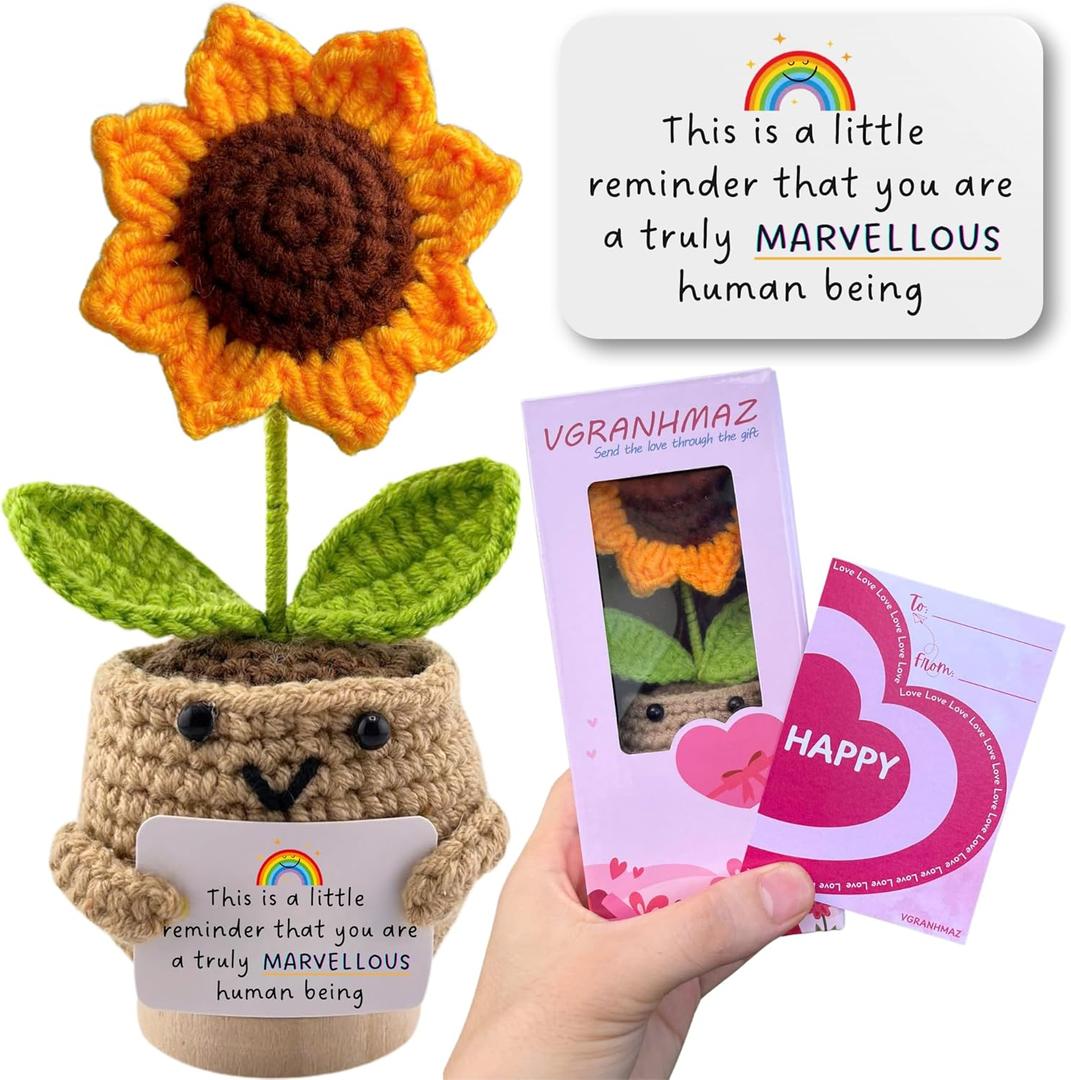 Positive Sunflower Crochet Doll - Emotional Support Crochet Gifts Inspirational Gift Motivational Flower Sunflower Gift For Women Men Friend Teacher Coworker Student Birthday Graduation Christmas