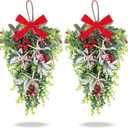 2 PCS 24" Christmas Starfish Teardrop Swag Rustic Farmhouse Wreath with Green Leaves Red Berries Hanging Swag for Xmas Winter Front Door Indoor Outdoor Pillar Porch Wall Cabinet Window Home Decor