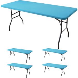 Fitted Tablecloth for 8 Foot Rectangle Table-4 Pack Light Blue Elastic Outdoor Picnic Table Cover-Spandex Stretch Folding Tablecloths 8ft for Camping Dining Room Patio Kitchen Banquet Party