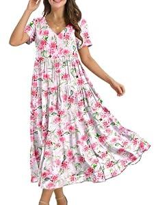 YESNO Women's Summer Maxi Dresses Casual Floral Short Sleeve V Neck Boho Beach Vacation Swing Dress with Pockets EVF (Pink, XXL)