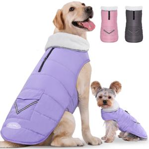 iBuddy Dog Winter Coat for X-Large Dogs, Easy on Dog Snow Fleece Coat Velcro Waterproof Pet Puffer Jacket with Harness Hole Adjustable Reflective Quilted Pet Cold Weather Vest for Girl Female (Purple)