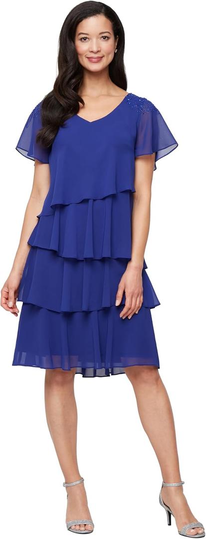 S.L. Fashions Women's V-Neck Chiffon Cocktail Dress with Beaded Shoulders and Asymmetrical Tiers, Iris, 10P