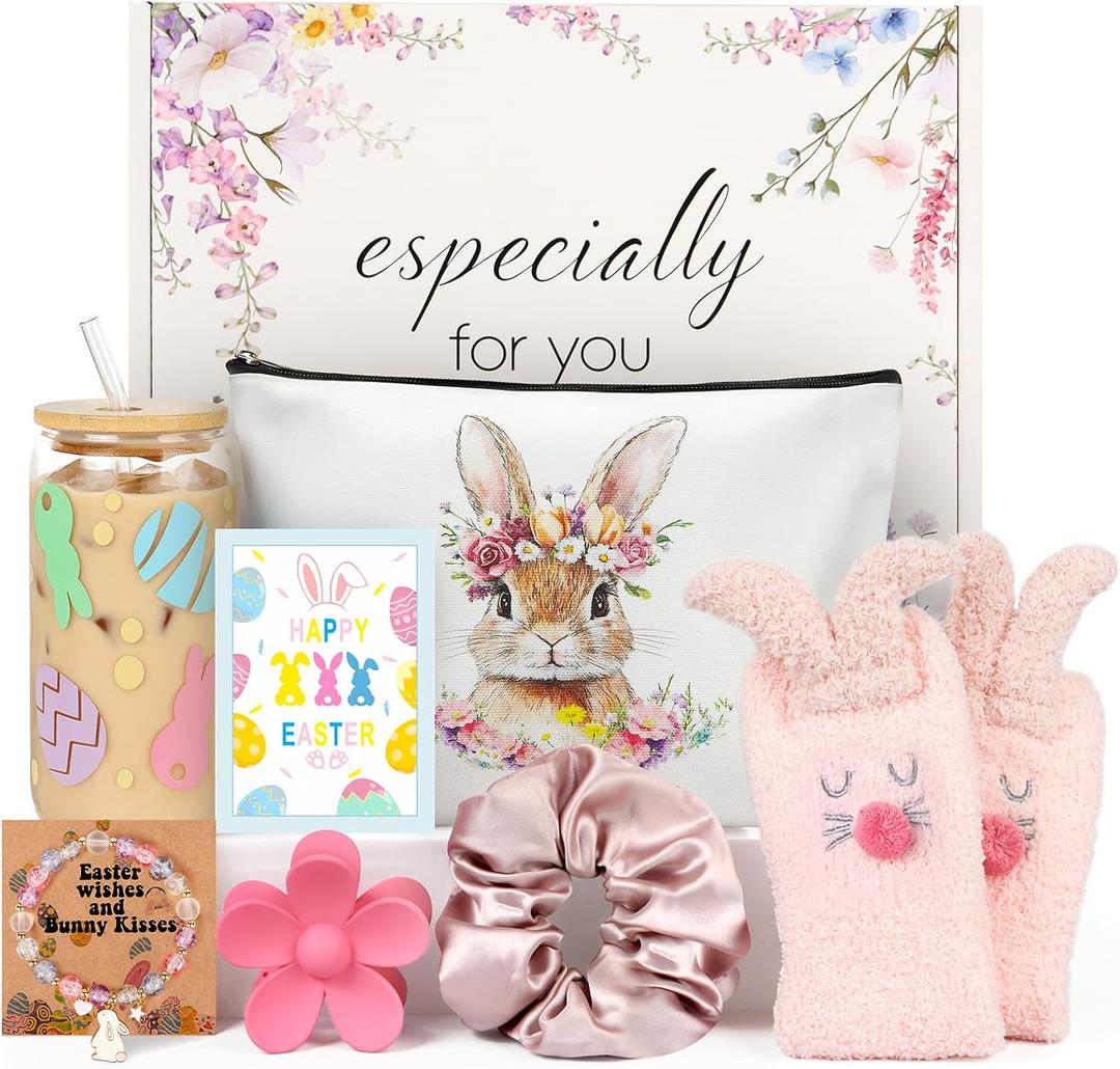 Easter Gifts for Teens Girls Women Adults,7 PCS Bunny Gifts Set with Iced Coffee Cup,Bracelet,Socks,Bag,Hair Clip & Scrunchy,Perfect Easter Basket Stuffers for Teens Girls Adults