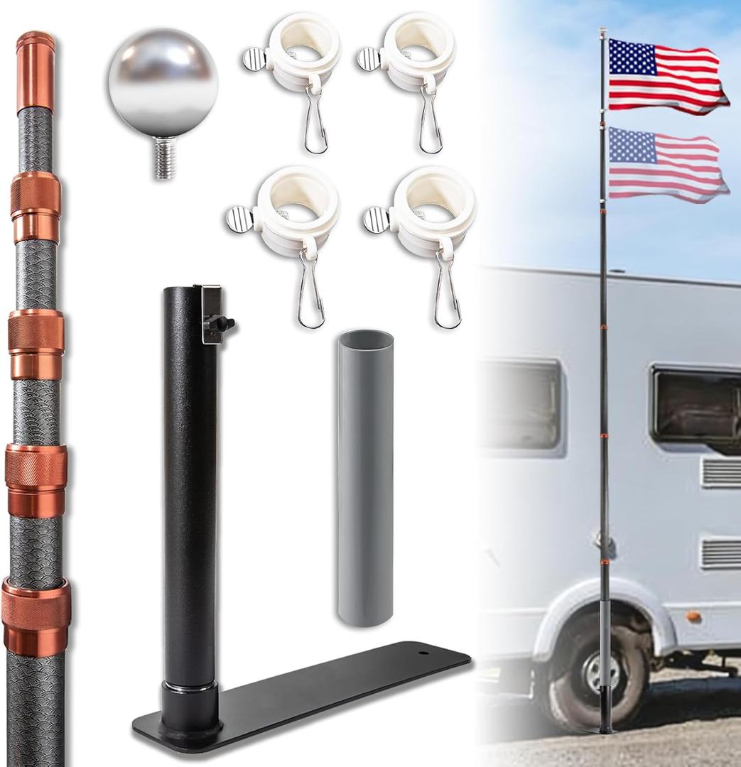 Tailgate Flag Pole and Base Kit, Tailgating Flag Pole with Tire Mount/Stand
20ft Telescopic RV Flagpole Kit with Anti-Break Tube, for Camping, Tailgate Parties and Outdoor Activities