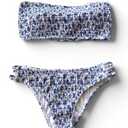 Women's Strapless Ditsy Blue Floral Bikini Set, Backless High Cut Swimwear, Casual 2 Pieces Beach Outfits For Summer Holiday,Vacation Holiday, Medium 