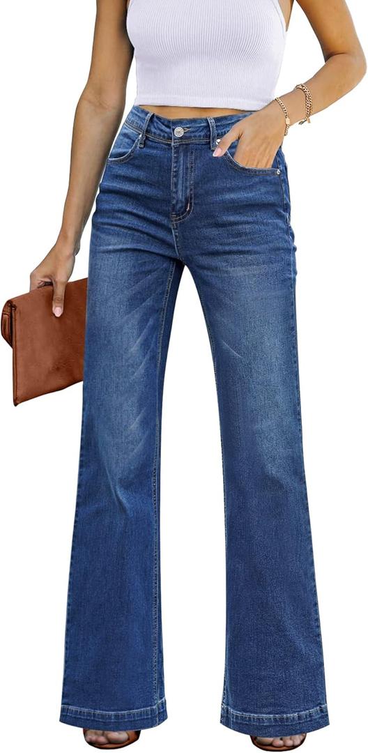 GRAPENT Womens Flare Jeans High Waisted Wide Leg Baggy Jean for Women Stretch Denim Pants (Medium, Dark Blue)