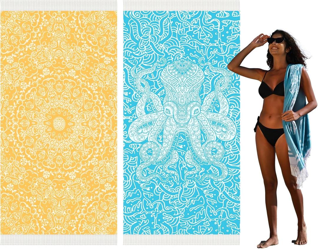 Widdonen Thin Turkish Beach Towel Lightweight Quick Dry Absorbent Cotton Bathroom Bath Pool Swim Towels Extra Large Oversized Sand Free Beach Accessories Essentials Cloud Gifts for Adult (X-Large(79 x 36 inches,200 x 90 cm), 2 Pack Yellow Mandala Blue Octopus)