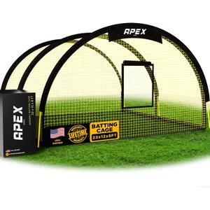Apex Sports Portable 22ft x 12ft x 8ft Baseball & Softball Batting Cage with Pitching Machine Hole, 3ply 1.25'' Yellow Netting, Secure Steel Poles, 12.7MM Fibreglass Poles, Carry Bag Included