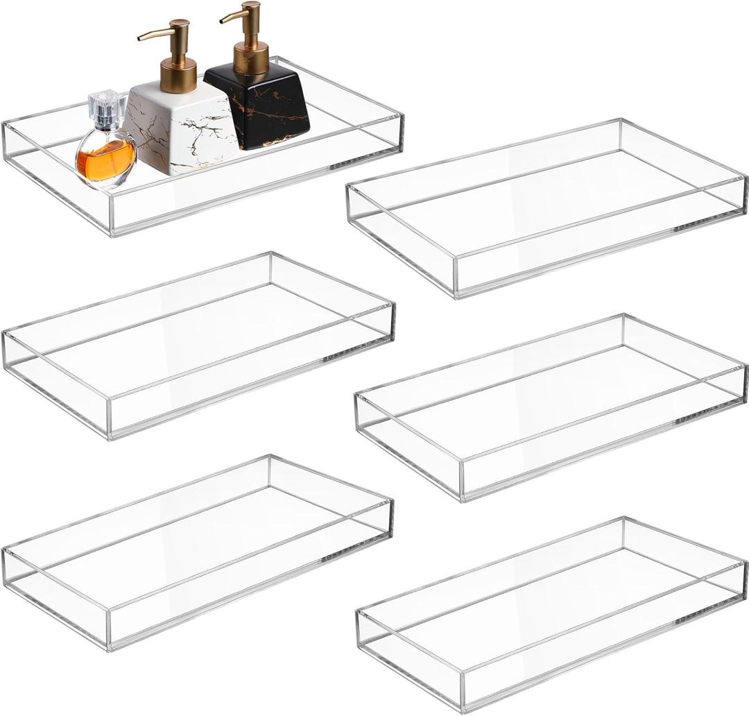 Maitys 6 Pcs Acrylic Vanity Tray Bathroom Tray for Serving Vanity Makeup Organizer Clear Hand Towel Kitchen Countertop Makeup Perfume Cosmetics Organizer Valentine Gift (9.65 x 5.9 Inch)