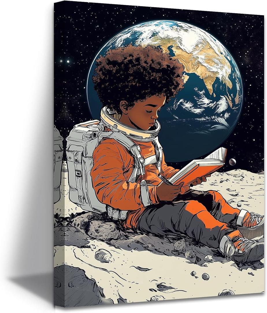 ZXHYWYM Astronaut Canvas Wall Art African American Children Painting African Black Boy Canvas Prints Space Pictures for Nursery Kids Room Decor Framed (24.00" x 36.00")