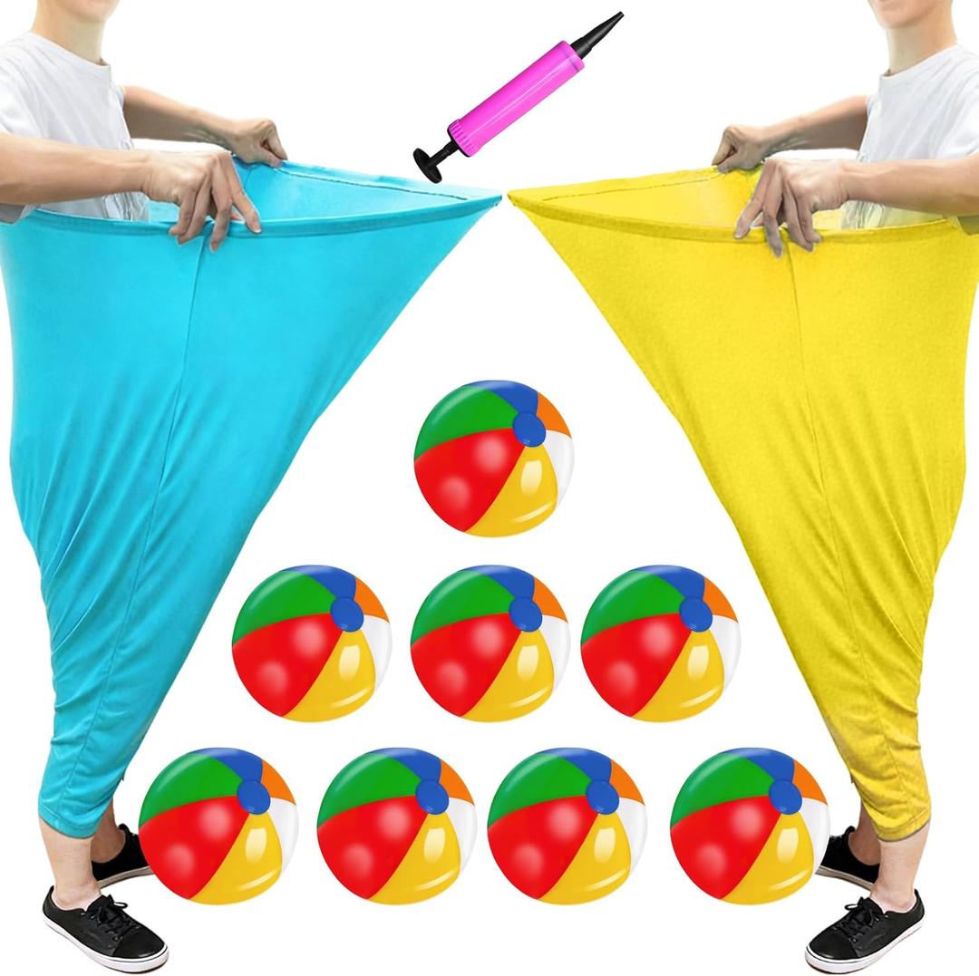 11 PCS Granny Pants Yard Game Set, Oversized Blue & Yellow Pants With 8 Colorful Bouncy Balls & 1 Air Pump, Outdoor Tossing Games For Adults Family Birthday Christmas Party Backyard Reunion Gatherings