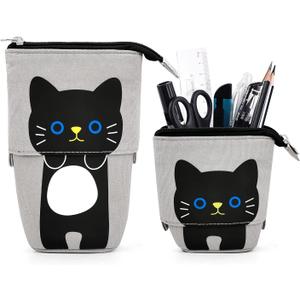 Cat Cute Standing Pencil Case for Kids, Pop Up Pencil Box Makeup Pouch, Stand UP Cartoon Christmas Gift Kids Pen Holder Organizer Cosmetics Bag, Kawaii Stationary (Black Cat)