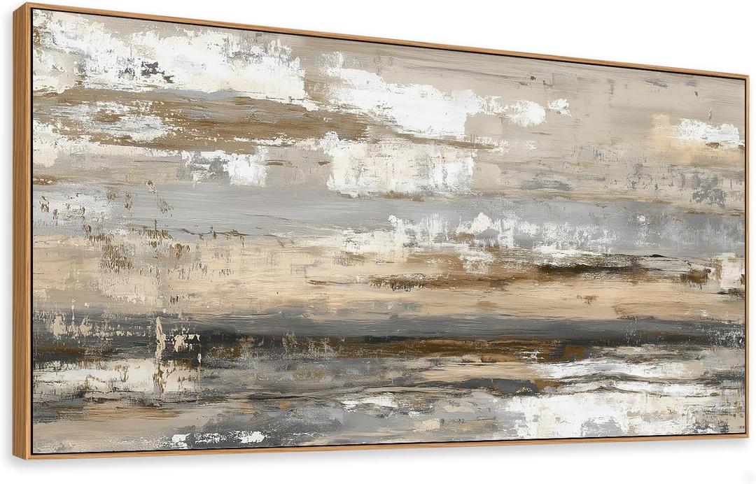 HUADAOART Abstract Wall Art Canvas Print Neutral Tones Beige Gray and Brown Framed Landscape Painting 40 x 20 in Artwork for Living Room Bedroom Wall Decor Ready to Hang for Office Dining Room