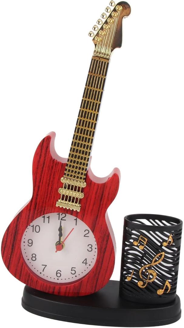Guitar Alarm Clock,Vintage Desk Clock Guitar Shape Stable Base Battery Powered ABS Alarm Clock with Pencil Holder for Bedroom Office
