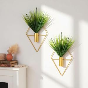 Canlierr 2 Pieces Gold Wall Decor Hanging Planters with Artificial Plants Metal Vase Indoor Plants Holder Modern Geometric Wall Art for Home Bathroom Bedroom Living Room Office(Aquatic Plant, Small)