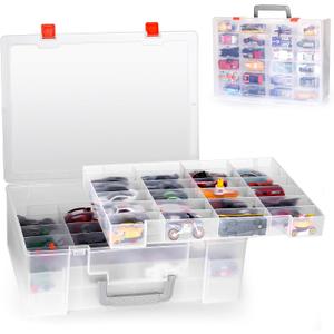 Toy Organizer.72 Compartments.Toy Storage Box Compatible With Hot wheels Cars, Matchbox Cars,Mini Toys and Small Dolls.Toy Storage Display Case With 3 Layers of Removable Trays(Transparent)