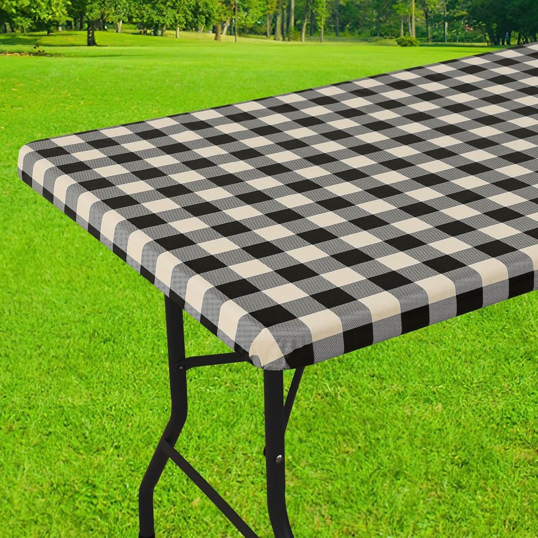 Smiry Rectangle Picnic Table Cloth, Elastic Waterproof Fitted Vinyl Tablecloths, Flannel Backed Buffalo Plaid Table Covers for Dining, Camping, Outdoor (Black and Beige, 30" x 48")