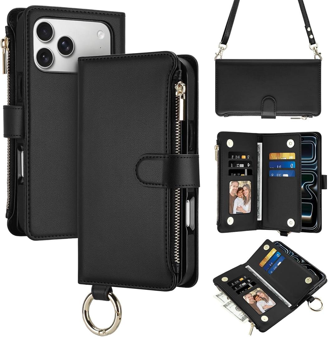 Vofolen for iPhone 17 Pro Case Wallet with Card Holder RFID Blocking Crossbody Strap Leather Flip Heavy Duty Drop Protective with Magnetic Clasp Zipper Pocket Metal Ring Wrist Strap Phone Case-Black