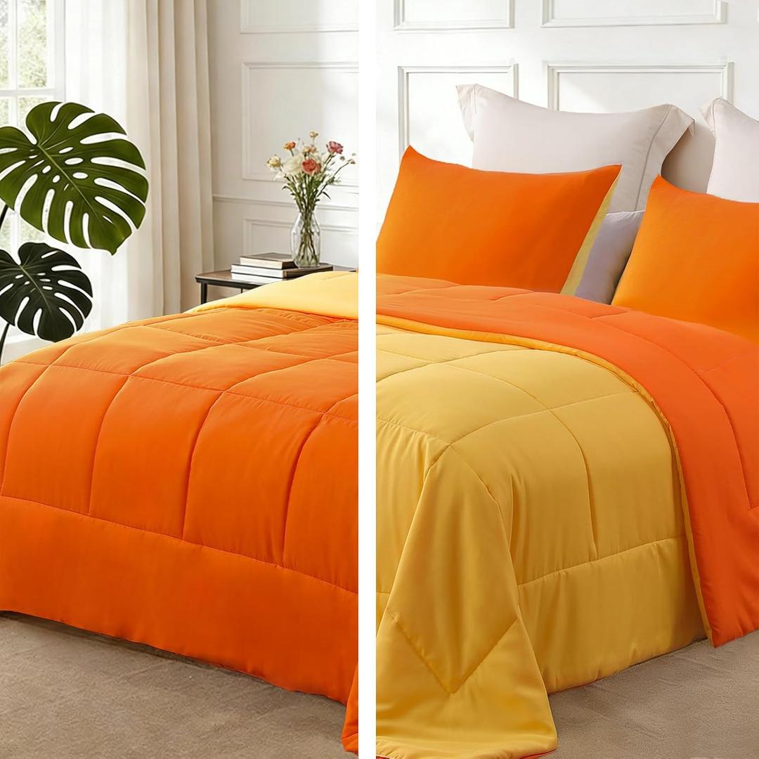 Exclusivo Mezcla Lightweight Reversible Twin Size Comforter Set, Down Alternative Comforter with 1 Pillow Sham, Twin Size Bedding Set for All Seasons, Orange/Yellow
