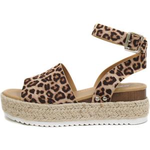 Soda Topic Open Toe Buckle Ankle Strap Espadrilles Flatform Wedge Casual Sandal (7, Oat Cheetah)