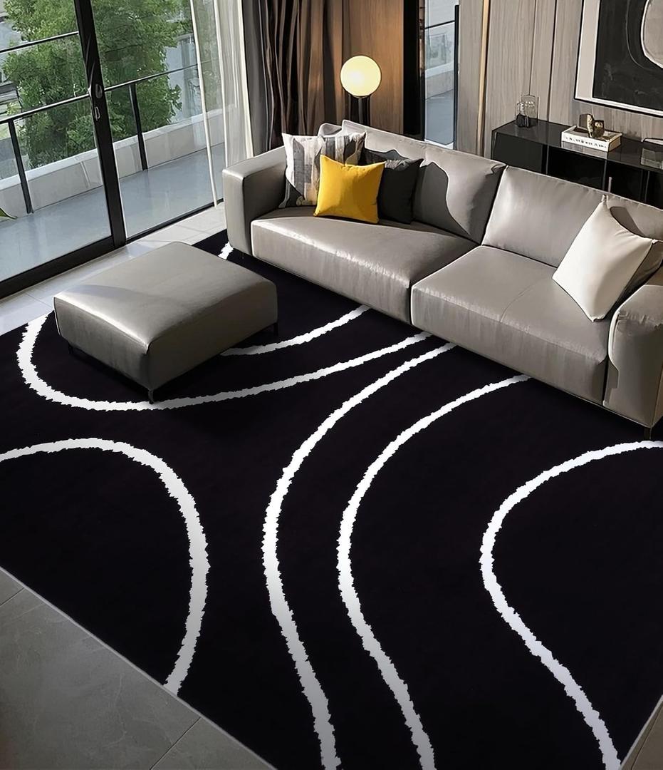 YIHOUSE Black Modern Area Rugs 8x10,Large Black and White Rugs for Living Room,Wave Washable Rug 8x10,Thin Abstract Geometric Rug,Minimalist Striped Rugs for Bedroom,Office