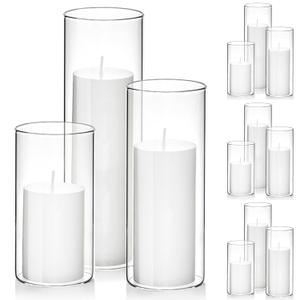 Set of 12 White Pillar Candles with Clear Glass Hurricane Holders- Elegant Cylinder Candle Vases for Weddings, Parties, Centerpieces, Home & Office Decor (White, 12 Set)