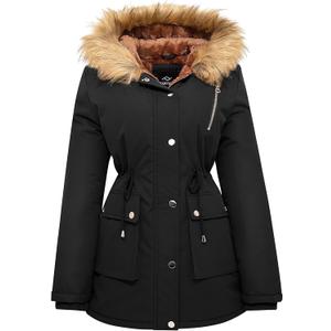 FARVALUE Womens Water-repellent Winter Coat Thicken Puffer Jacket Warm FLeece Lined Parka with Fur Hood (Large, Black)