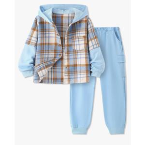 Boys Clothes Plaid Hooded Sweatshirt & Solid Colour Sweatpants With Pocket-2 Piece Sets,Fall Winter Boys Outfits, 9-10 Years
