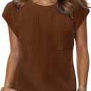 HOTOUCH Cap Sleeve Shirt Top for Womens Trendy Crew Neck Blouse Basic Textured Tshirts Tunic with Pocket S-XXL (Brown)