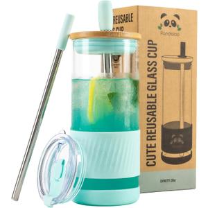 Pandaloo Glass Cups With Lids and Straws -20 Fl Oz- Perfect Size Iced Coffee Cup - Smoothie Cup With Bamboo Lid and On the go Lid - Glass Tumbler With Straw (1 Count (Pack of 1), Carribean Blue)