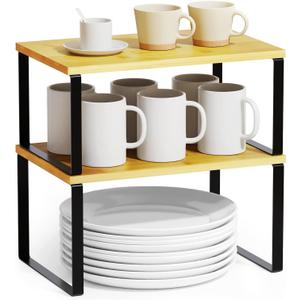 SpaceAid Cabinet Shelf Organizers 2 Pack, Kitchen Counter Rack Shelves Riser, Stackable Expandable Spice Rack, Pantry Cupboard Storage Organization (Black and Natural, Short) (11.7"W)