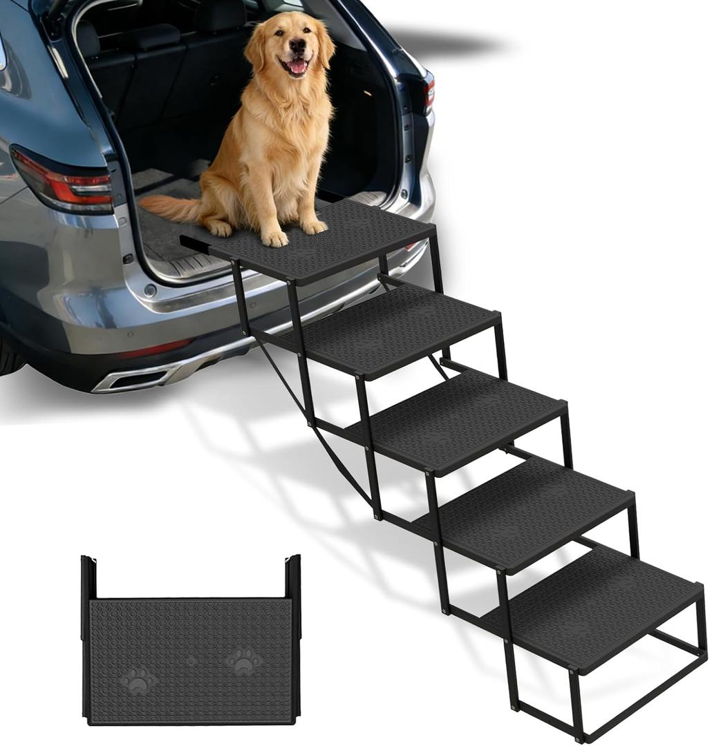Dog Steps for Car, Truck, SUV, Dog Stairs for Car with Upgraded Non-Slip Surface, Foldable Dog Ramp for Car, Pet Stairs for Large Dogs, 5 Steps