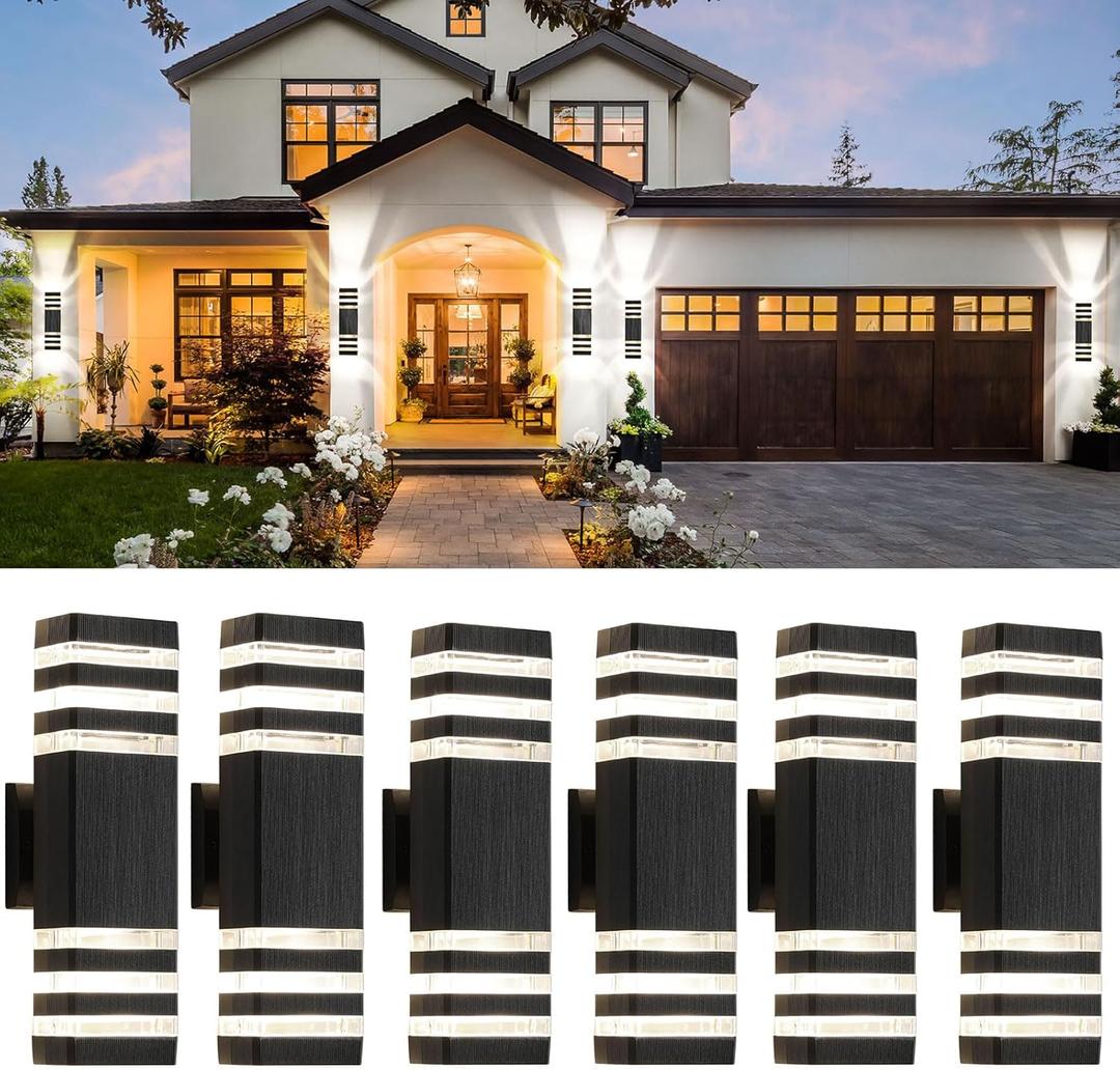 tewei 6 Pack Up and Down Outdoor Wall Lights, 3-layer Black Modern Exterior Light Fixture Wall Mount Outside Light for House, IP65 Waterproof Aluminum Outdoor Wall Sconces for Garage Porch Patio,3000K (3 Layer-6 Pack)