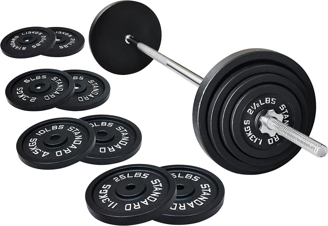 Fitvids Barbell Weight Set, Cast Iron 1" Standard Weight Plates Including 5FT Standard Barbell Bar & Star Locks, 95 Pounds Set (85 Lbs Plates + 10 Lbs Barbell Bar), Multiple Packages