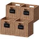 UBBCARE 4 Pack Small Wicker Basket, 9×9 Storage Cubes with Label, Foldable Cube Storage Bin with Handle, Square Storage Basket for Shelves, Woven Paper Rope Basket for Organizing, Caramel