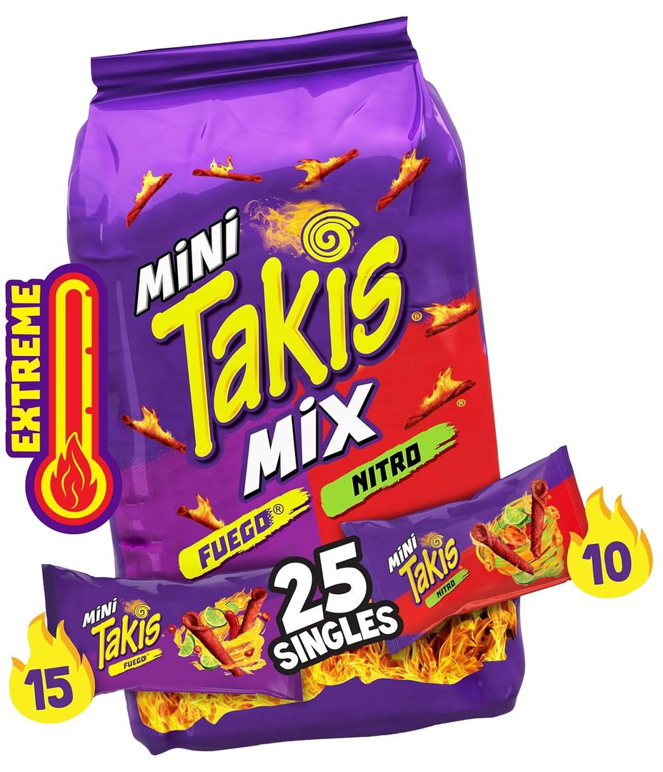 Takis Mini 25PK Bite Size Variety Pack, Assorted Flavored Mixed Rolled Tortilla Chips  (15) Fuego Mini (10) Nitro Mini