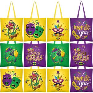 12 Pcs Mardi Gras Bags Canvas Bible Verse Tote Bag Bulk 15.7" x 15" Carnival Outfit Accessories for Women Gifts
