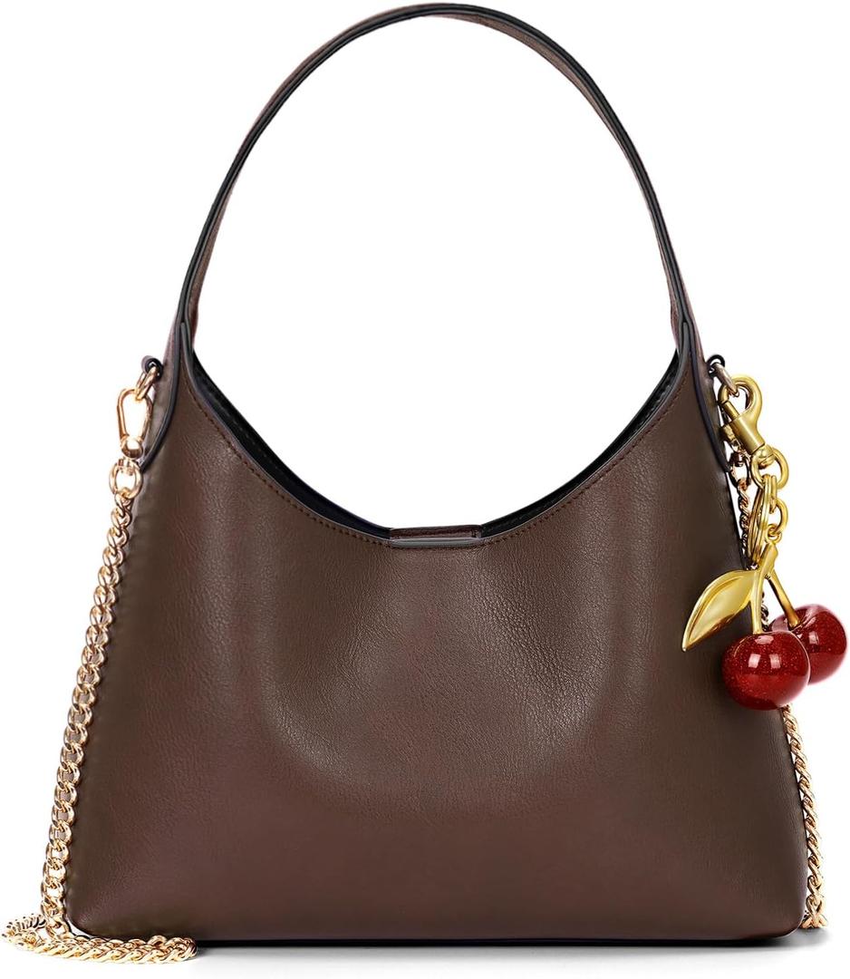 Small Hobo Bags for Women Cherry Shoulder Bag Purse Faux Leather Tote Handbag Trendy Chain Crossbody Bag (Coffee)