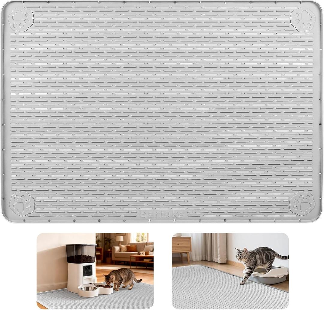 Cat Food Mat, 40" x 28" Cat Litter Mat Extra Large Silicone Pet Feeding Mat with Raised Edge Pet Placemat for Food and Water Bowl Non-Slip, Easy to Clean, Floor Protection (Light Gray)