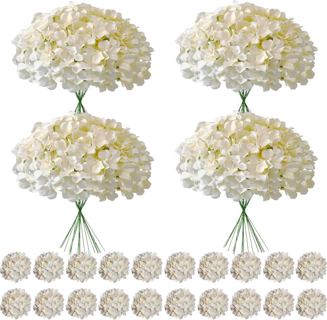 100 Pcs Faux Champagne Hydrangea Artificial Flowers Bulk, Fake Silk Hydrangea Flowers Heads with Stems for Wedding Decorations Garden Party Baby Shower Porch Home Decor Table Centerpieces