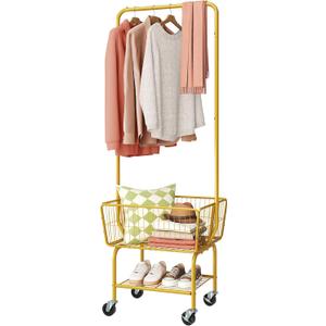 Tajsoon Laundry Cart with Wheels, Metal Rolling Laundry Hamper with Hanging Rack, Storage Basket and Shelf, Gold